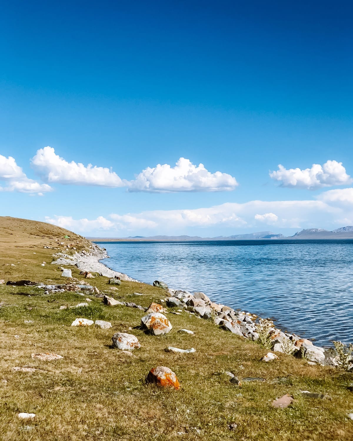 A rocky shoreline with clear blue water, rolling hills in the distance and scattered clouds in the sky.