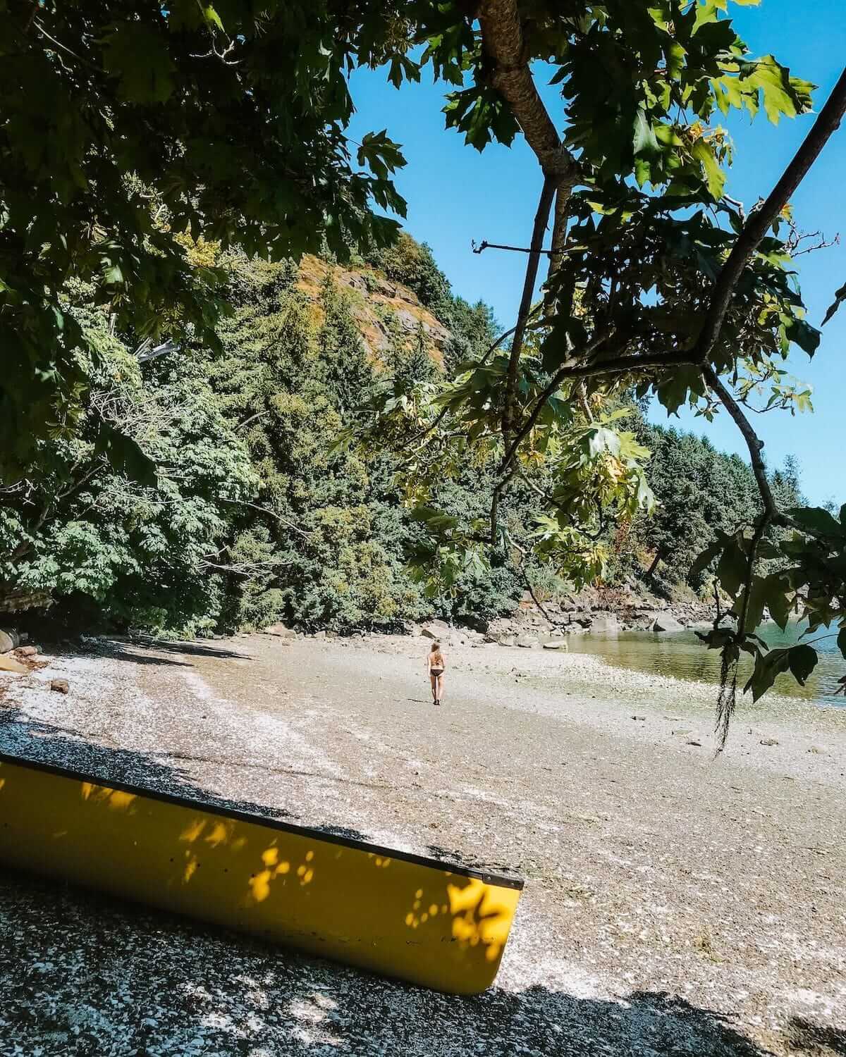 A yellow canoe rests on a shell-strewn beach, with Cec walking along the calm shoreline surrounded by dense forest.