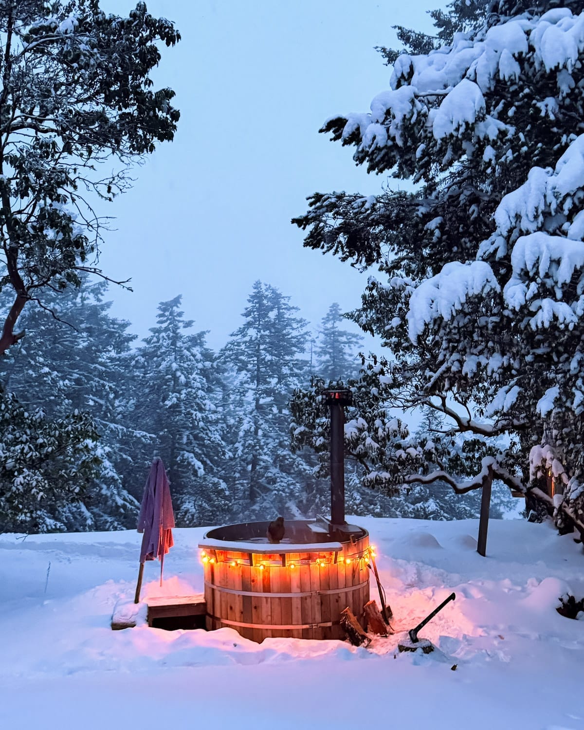 Cec sitting in a wooden hot tub glowing with warm lights in a snowy forest setting on Salt Spring Island.