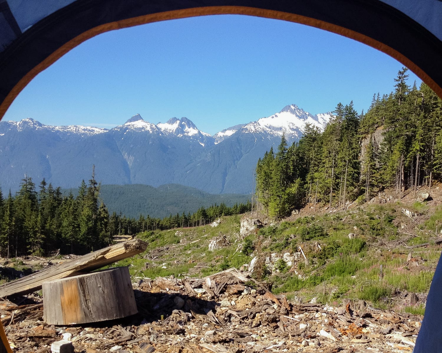  Scenic view of the snow-capped Tantalus Mountains framed by a tent opening, overlooking a forest and clear blue sky.