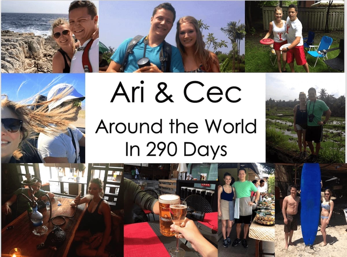 PowerPoint title page with collage of travel photos featuring Ari and Cec with the title "Around the World in 290 Days" at the centre.