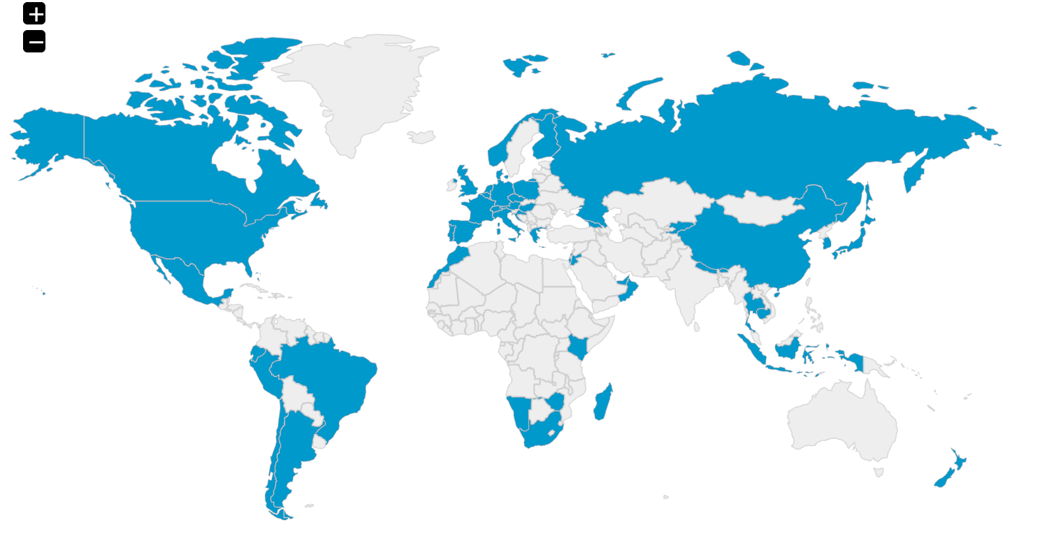 World map with 58 shaded in countries that Cec has been to. 