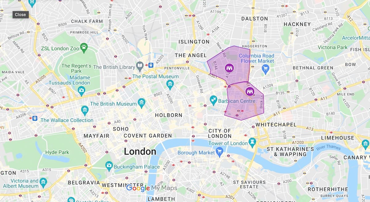 Google Map view of Shoreditch and Hoxton neighbourhoods shaded in purple.