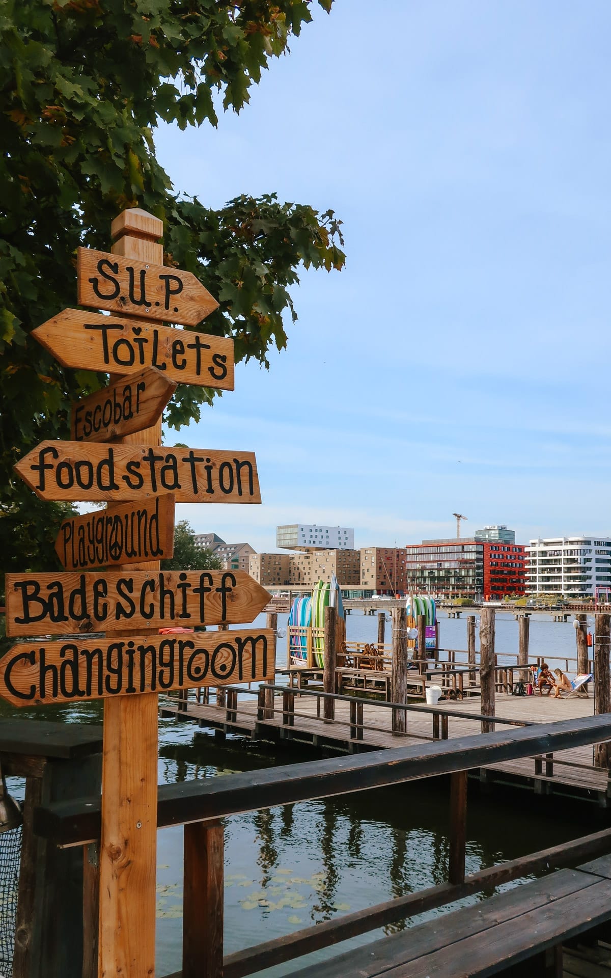 A wooden signpost at a Berlin riverside pier directs visitors to Badeschiff, food stations, and paddleboard rentals.