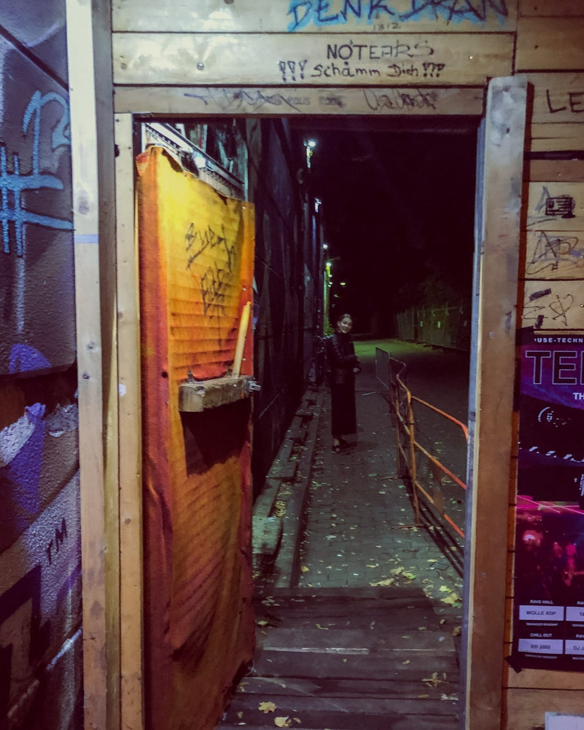 The narrow, graffiti-covered entrance of a nightclub leads to a dimly lit alleyway in Berlin, with Cec standing in the distance.